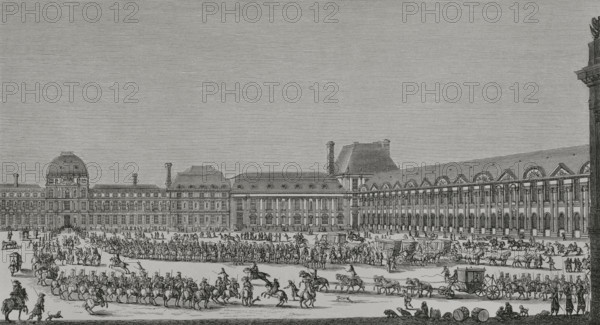 Paris, France. Entry of King Louis XIV (1638-1715), escorted by his Military Household, into the Tuileries. Engraving after Israel Silvestre (1621-1691), 1669. XVIIme siecle: lettres, sciences et arts, France 1590-1700 (17th century: letters, sciences and arts), by Paul Lacroix. Published in Paris by Librairie de Firmin-Didot et Cie, 1882.