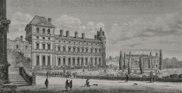 Paris, France. View and perspective of the part of the Louvre where the King and Queen's apartments are located, from the garden side. From left to right: Petite Galerie, Pavillon du Roi and the S.E. tower of the Old Louvre. Engraving by Huyot based on Israel Silvestre (1621-1691), 1650-1655. XVIIme siecle: lettres, sciences et arts, France 1590-1700 (17th century: letters, sciences and arts), by Paul Lacroix. Published in Paris by Librairie de Firmin-Didot et Cie, 1882.