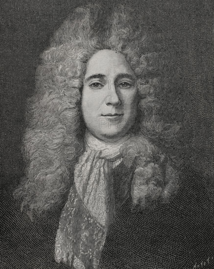 François Mansart (1598-1666). French architect. Portrait. Engraving by Huyot after a painting by Nicolas de Largillière (1656-1747). XVIIme siècle: lettres, sciences et arts, France 1590-1700 (17th century: letters, sciences and arts), by Paul Lacroix. Published in Paris by Librairie de Firmin-Didot et Cie, 1882.