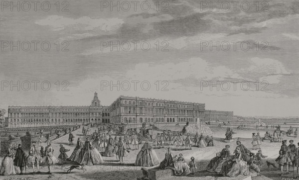 France. View of the Palace of Versailles, from the terrace opposite the chapel. Engraving by Huyot after Jacques Rigaud (1681-1754), c. 1720. XVIIme siècle: lettres, sciences et arts, France 1590-1700 (17th century: letters, sciences and arts), by Paul Lacroix. Published in Paris by Librairie de Firmin-Didot et Cie, 1882.