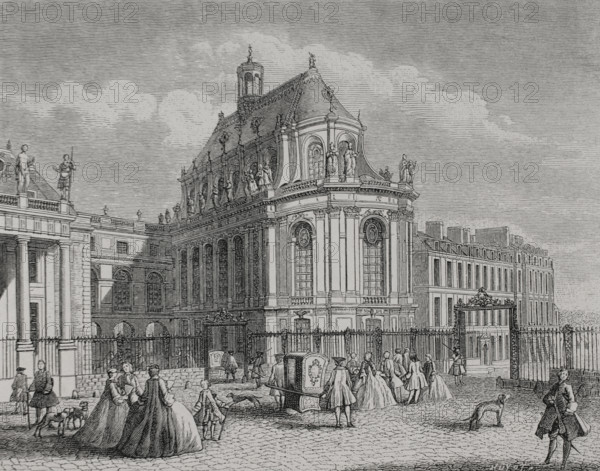 France. View of The Royal Chapel of the Palace of Versailles, from the courtyard side. Engraving by Huyot after Jacques Rigaud (1681-1754), c. 1730. XVIIme siècle: lettres, sciences et arts, France 1590-1700 (17th century: letters, sciences and arts), by Paul Lacroix. Published in Paris by Librairie de Firmin-Didot et Cie, 1882.