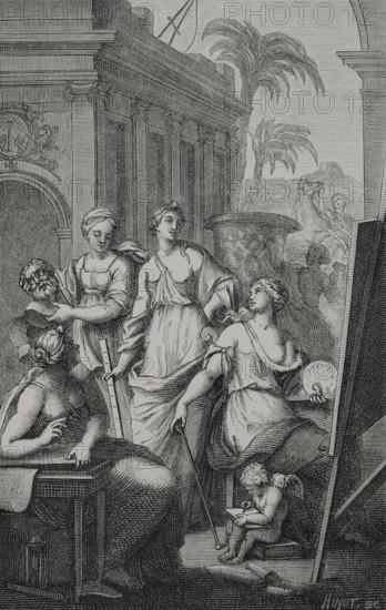 "Cabinet des singularitez d'architecture, peinture, sculpture, et graveure. Ou Introduction a la connoissance des plus beaux arts, figurés sous les tableaux, les statues, & les estampes", by French writer Florent le Comte (1655-1712) in 1699. Engraving by Huyot based on the illustration for the frontispiece of the work, drawn by Louis-Michel Dumesnil (1680-1746) and engraved by Bernard Picart (1673-1733). Published in Paris, chez Nicolas Le Clerc, 1699. XVIIme siècle: lettres, sciences et arts, France 1590-1700 (17th century: letters, sciences and arts), by Paul Lacroix. Published in Paris by Librairie de Firmin-Didot et Cie, 1882.