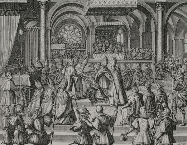 Louis XIII "the Just" (1601-1643). King of France and Navarre (1610-1643). Coronation ceremony of Louis XIII in Reims Cathedral on 17 October 1610. Engraving by Huyot after a drawing by François Quesnel (c. 1543-1619), engraved by Thomas de Leu (c. 1555-c. 1612). XVIIme siècle: lettres, sciences et arts, France 1590-1700 (17th century: letters, sciences and arts), by Paul Lacroix. Published in Paris by Librairie de Firmin-Didot et Cie, 1882.