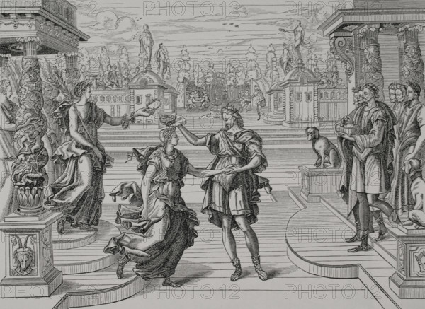 Esther and King Ahasuerus. Coronation of Esther. Engraving after a woodcut by Jean Coussin (1522-1594), c. 1580. XVIIme siècle: lettres, sciences et arts, France 1590-1700 (17th century: letters, sciences and arts), by Paul Lacroix. Published in Paris by Librairie de Firmin-Didot et Cie, 1882.