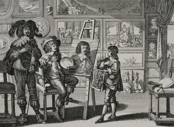 "Le noble peintre" (The Noble Painter), c. 1642. Engraving after Abraham Bosse (1602-1676). XVIIme siècle: lettres, sciences et arts, France 1590-1700 (17th century: letters, sciences and arts), by Paul Lacroix. Published in Paris by Librairie de Firmin-Didot et Cie, 1882.