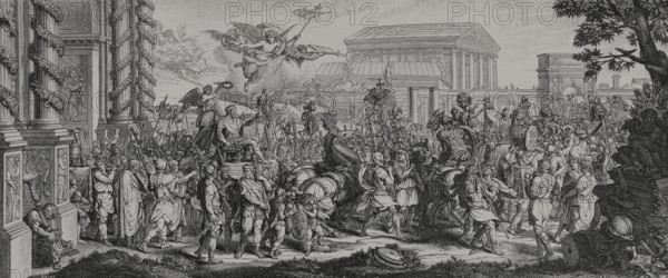 The Triumph of Constantine over Maxentius. It took place at the Battle of Milvian Bridge, one of the bridges over the River Tiber in Rome, on 28 October 312. Constantine I the Great (272-337) engaged and defeated the army of Maxentius (276-312). Engraving by Huyot after an illustration by Charles Le Brun (1619-1690), engraved by Gérard Audran (1640-1703) in 1666. XVIIme siècle: lettres, sciences et arts, France 1590-1700 (17th century: letters, sciences and arts), by Paul Lacroix. Published in Paris by Librairie de Firmin-Didot et Cie, 1882.