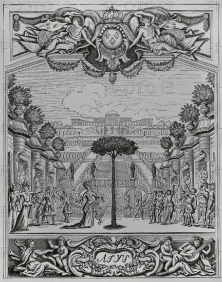Atys (Attis). Musical tragedy in a prologue and five acts. Music by French composer Jean-Baptiste Lully (1632-1687), based on a libretto by Philippe Quinault (1635-1688) in 1676. Illustration for the frontispiece of the play. Drawing by François Chauveau (1613-1676), engraved by Jacques Lalouette. Published in Paris, chez Christophe Ballard, 1676. XVIIme siècle: lettres, sciences et arts, France 1590-1700 (17th century: letters, sciences and arts), by Paul Lacroix. Published in Paris by Librairie de Firmin-Didot et Cie, 1882.