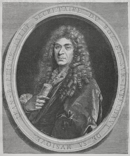 Jean-Baptiste Lully (1632-1687). French composer and violinist born in Italy, active in France during the reign of Louis XIV. Naturalized French in 1661, he was appointed superintendent of royal music that same year and, the following one, music master to the royal family. Portrait. Engraving by Huyot after Paul Mignard (1641-1691) and Jean Louis Roullet (1645-1699). XVIIme siècle: lettres, sciences et arts, France 1590-1700 (17th century: letters, sciences and arts), by Paul Lacroix. Published in Paris by Librairie de Firmin-Didot et Cie, 1882.