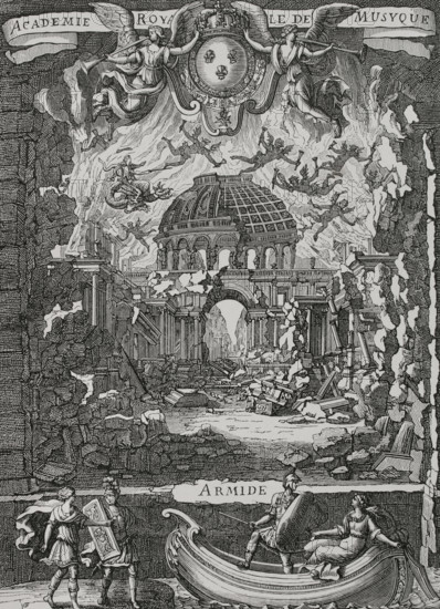 Armide, 1686. Musical tragedy in a prologue and five acts. Music by French composer Jean-Baptiste Lully (1632-1687). The libretto by Philippe Quinault (1635-1688) is based on the epic poem "Gerusalemme liberata" (Jerusalem Delivered) by Torquato Tasso (1544-1595). It premiered on 15 February 1686 at l'Académie royale de musique (théâtre du Palais-Royal) in Paris. Illustration for the frontispiece of the play. Drawing by Jean Bérain (1640-1711), engraved by Jean Dolivar (1641-1692). Published in Paris, chez Christophe Ballard, 1686. XVIIme siècle: lettres, sciences et arts, France 1590-1700 (17th century: letters, sciences and arts), by Paul Lacroix. Published in Paris by Librairie de Firmin-Didot et Cie, 1882.