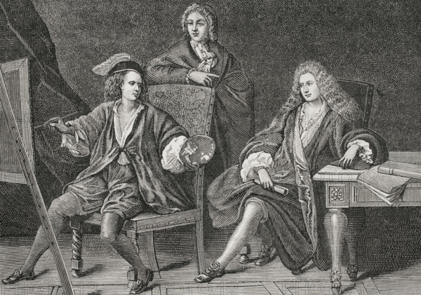 France. Composer André Campra (1660-1744), seated on the right; librettist Antoine Danchet (1671-1748), standing; and painter Bon Boullogne (1649-1717), author of the painting reproduced in this engraving, c. 1690. XVIIme siècle: lettres, sciences et arts, France 1590-1700 (17th century: letters, sciences and arts), by Paul Lacroix. Published in Paris by Librairie de Firmin-Didot et Cie, 1882.