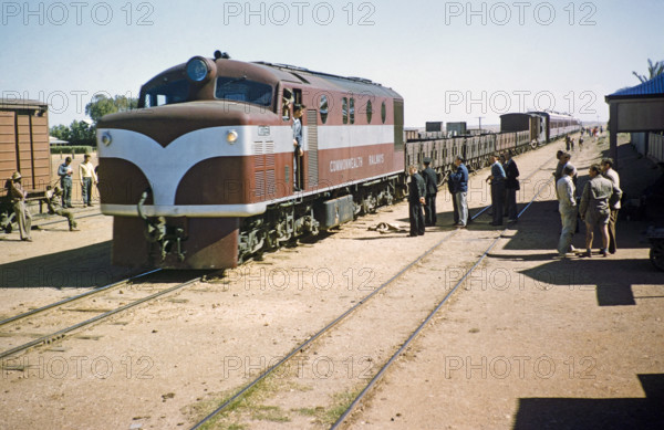 Commonwealth Railways diesel engine train with freight wagons and passenger carriages, Alice Springs, Northern Territory, Australia 1956.