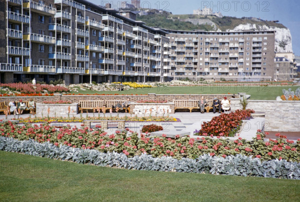 Flower beds and gardens, the Gateway Flats, Marine Parade, Dover, Kent,England, UK early 1960s flats completed 1959.