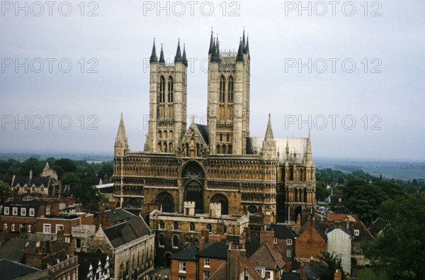 Lincoln cathedral church from the castle turret, Lincoln, Lincolnshire, England, UK early 1960s.
