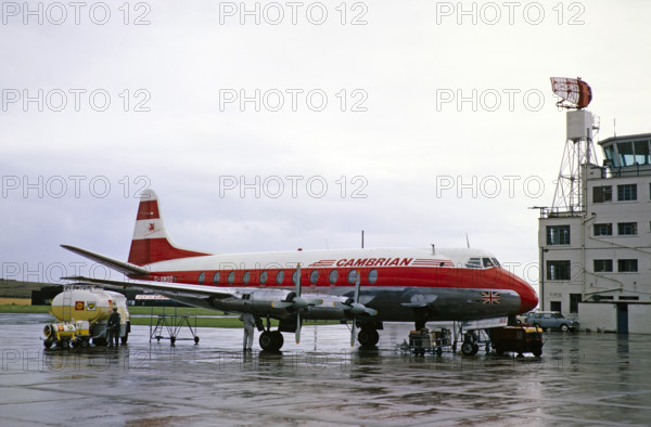 Vickers Viscount 701 plane of Cambrian Airways, Ronaldsway airport, Isle of Man, British Crown Dependency c 1965.