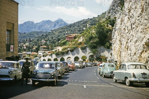 Border crossing on frontier of France and Italy, Ponte de Luigi, Italy 1959.