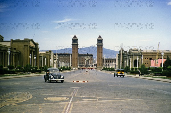 Towers of Torres Venecianes, Avenue de la Reina Maria Cristina, Barcelona, Catalonia, Spain July 1958.