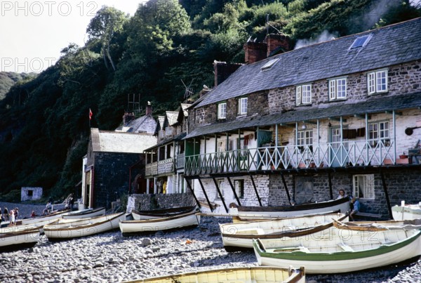 Harbour waterfront, Clovelly, North Devon, England UK September 1968.