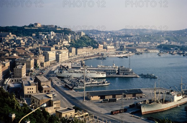 View over port and city of Ancona, Marche region, Italy 1969.