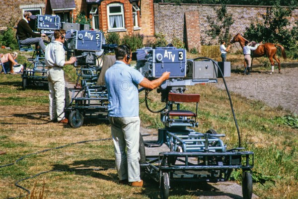 Cameramen operating cameras ATV television ITV company outside broadcast, UK 1964.