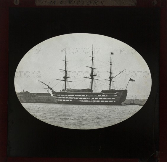 HMS Victory photographed c 1900, presumably at Portsmouth harbour, England, UK.