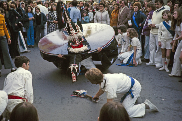 Obby Horse May Day festival, Padstow, Cornwall, England, UK 1975 - The Blue 'Oss.