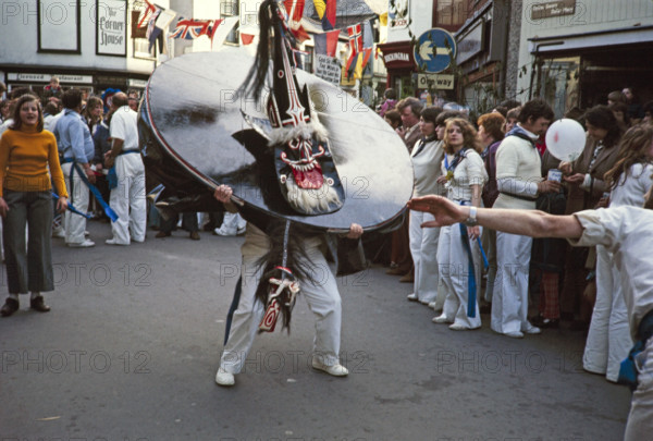 Obby Horse May Day festival, Padstow, Cornwall, England, UK 1975 - The Blue 'Oss.