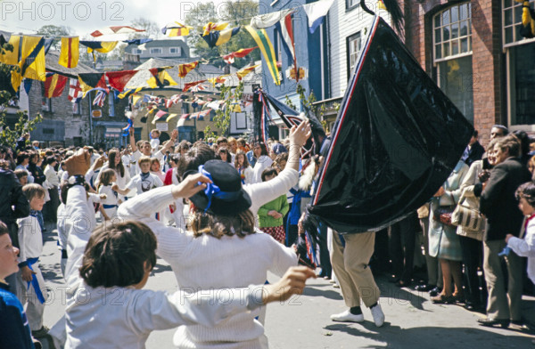 Obby Horse May Day festival, Padstow, Cornwall, England, UK 1975 - The Blue 'Oss.