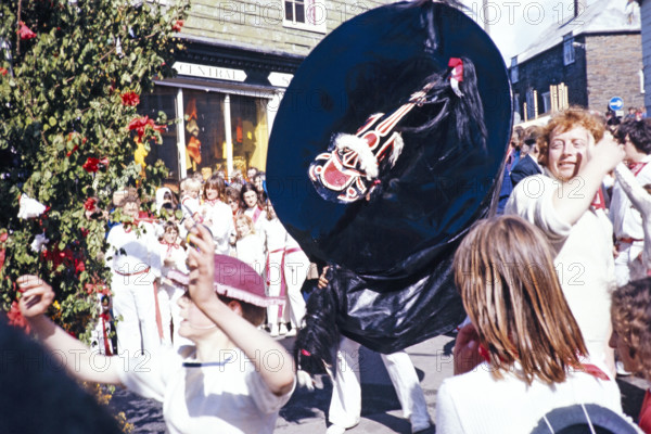 Obby Horse May Day festival, Padstow, Cornwall, England, UK 1975 - The Old 'Oss.