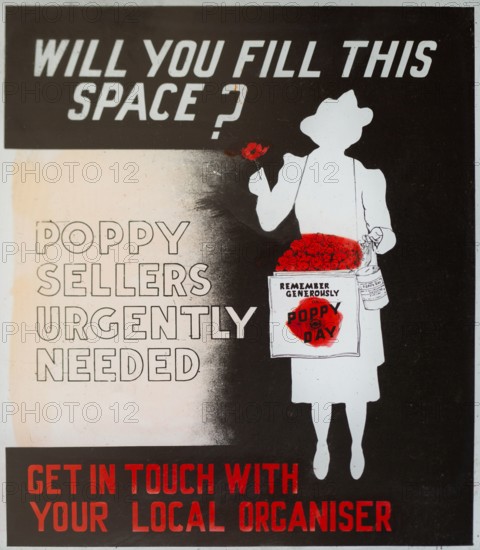 Magic lantern slide used for advertising in cinemas for poppy day sellers, UK c 1940s or 1950s.