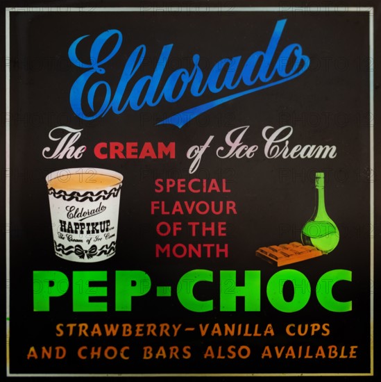 Magic lantern slide used for advertising Eldorado Pep-Choc Happikup ice cream in cinemas, UK c 1940s or 1950s.