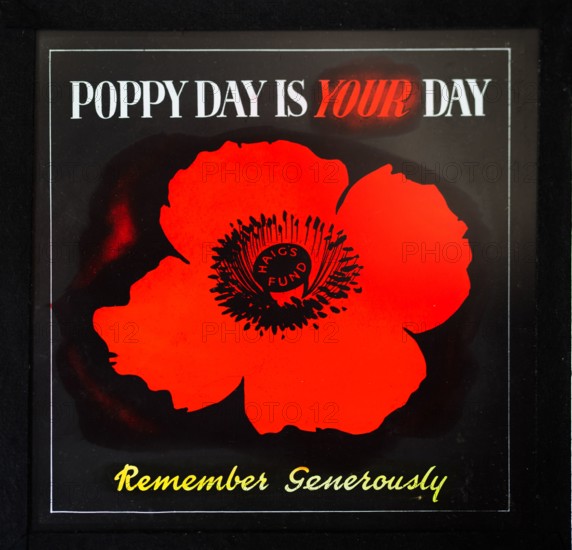 Magic lantern slide used in cinemas for advertising about the Haig's Fund poppy day appeal, UK c 1940s or 1950s.