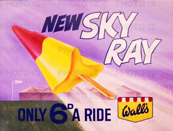 Magic lantern slide used for advertising Wall's new Sky Ray ice lollipop in cinemas, UK c 1940s or 1950s.