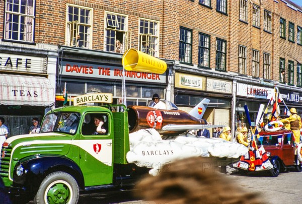 Carnival procession floats at Carlton Parade, Orpington, Bromley, Greater London formerly Kent, England,  UK 1950-1955.