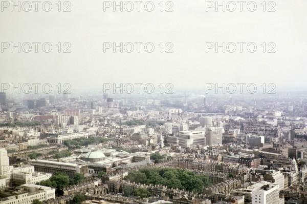 View south east from Post Office tower over Bedford Square Gardens and British Museum, Bloomsbury, central London, England, UK 1967.