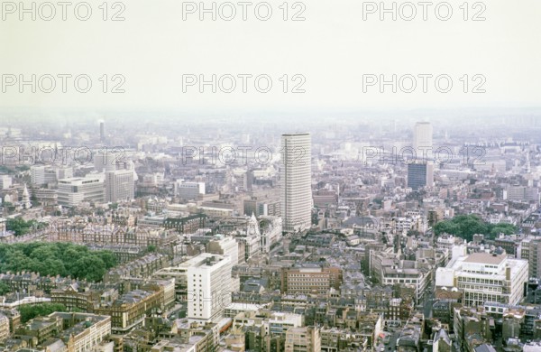 View south east from Post Office tower to Centre Point and Soho,  central London, England, UK 1967.