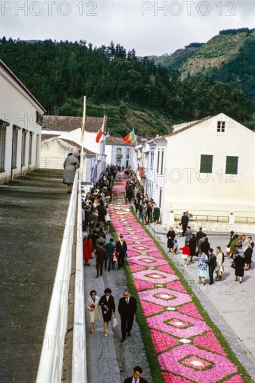 Street religious procession, Procissao de Senhor der Infernos, Furnas, Sao Miguel Island, Azores, Portugal, April 1964.