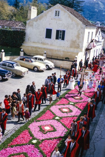 Street religious procession, Procissao de Senhor der Infernos, Furnas, Sao Miguel Island, Azores, Portugal, April 1964.