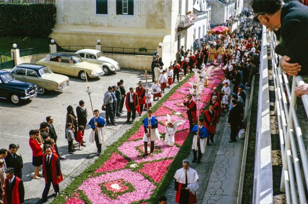 Street religious procession, Procissao de Senhor der Infernos, Furnas, Sao Miguel Island, Azores, Portugal, April 1964.