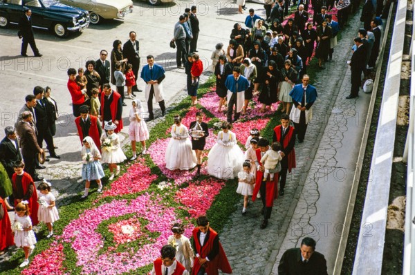 Street religious procession, Procissao de Senhor der Infernos, Furnas, Sao Miguel Island, Azores, Portugal, April 1964.