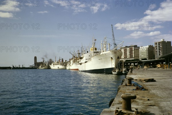 Monte Ulia ship and other ships at quayside in port at Tenerife, Canary Islands, Spain 1971.