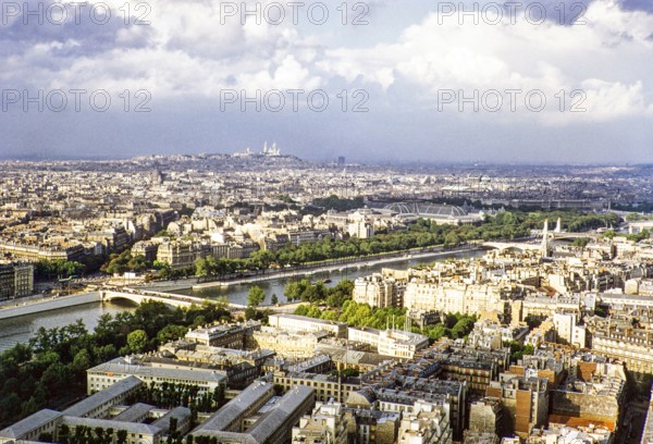 View over city centre and River Seine, Paris, France 1956.