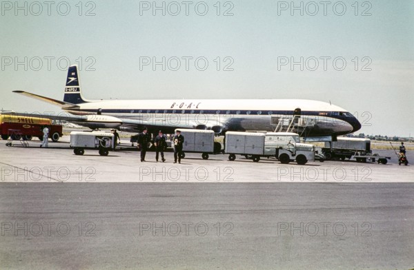 BOAC British Overseas Airways Corporation, De Havilland 106 Comet 4 jetliner plane, G-APDL, Rome airport early 1960s.