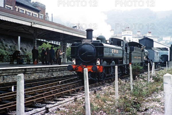 Locomotive Torbay Express 6411 steam engine train, Dart Vally Railway, Dartmouth Steam railway, south Devon, England, UK 1975 with Great Western railway livery.