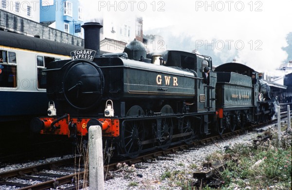 Locomotive Torbay Express 6411 steam engine train, Dart Vally Railway, Dartmouth Steam railway, south Devon, England, UK 1975 with Great Western railway livery.