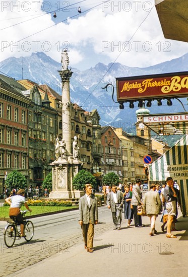 St Mary's column at Maria-Theresien-Strasse street, city centre of Innsbruck, Austria, Europe 1950s.
