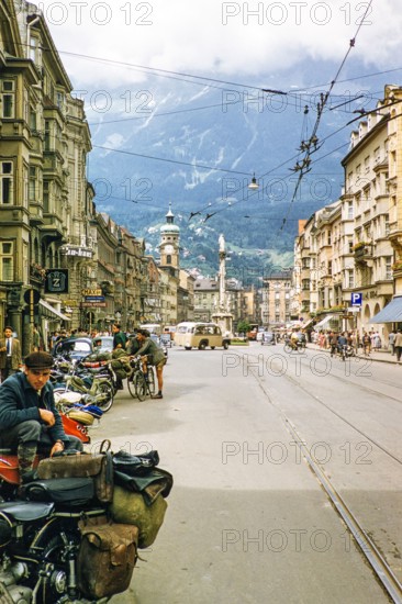 St Mary's column in Maria-Theresien-Strasse street, city centre of Innsbruck, Austria, Europe 1950s.