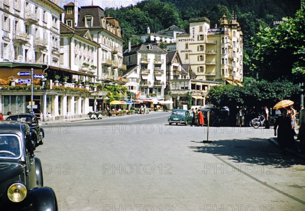Hotels and historic buildings in Brunnen,  Ingenbohl, Lake Lucerne, Switzerland, Europe, 1950s.