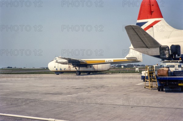 Armstrong Whitworth W.650 Argosy 100 G-APRL aircraft operated by Air Bridge Carriers,  East Midlands Airport, Castle Donington, Derby, Derbyshire, England, UK 1976.