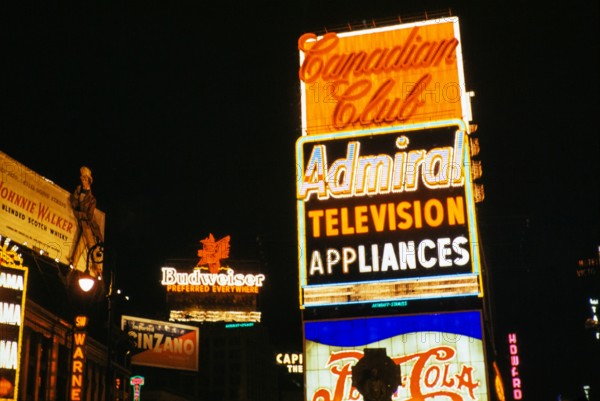 Neon lights advertising Admiral Television Appliances and Canadian Club,   Times Square, New York, USA c 1953.
