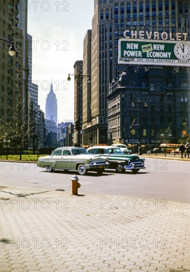 Ford Monarch and Oldsmobile 88 cars, Manhattan, New York, NY State, USA c 1953.